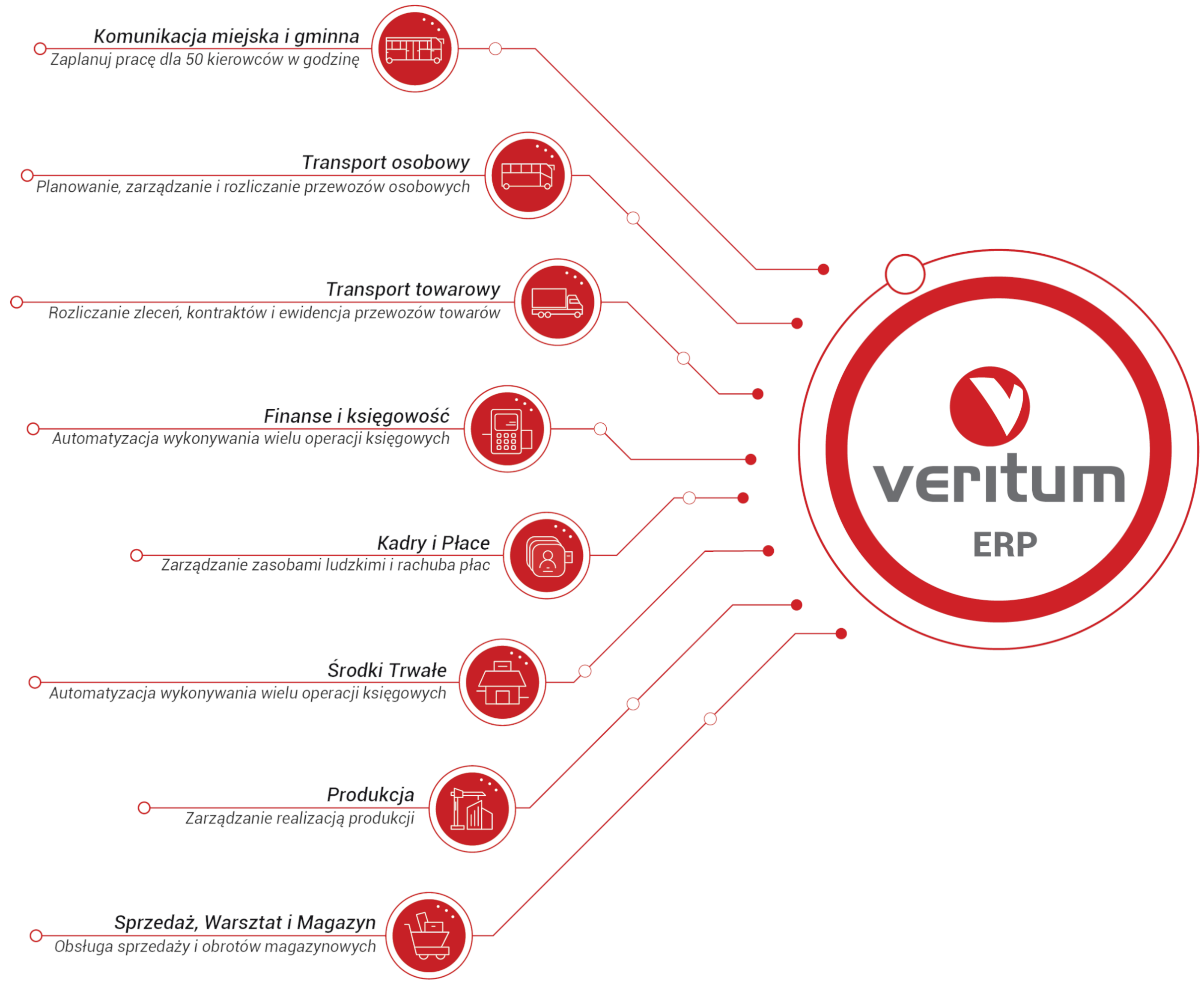 Dedykowany system ERP dla firm transportowych Veritum schemat obszarów działania