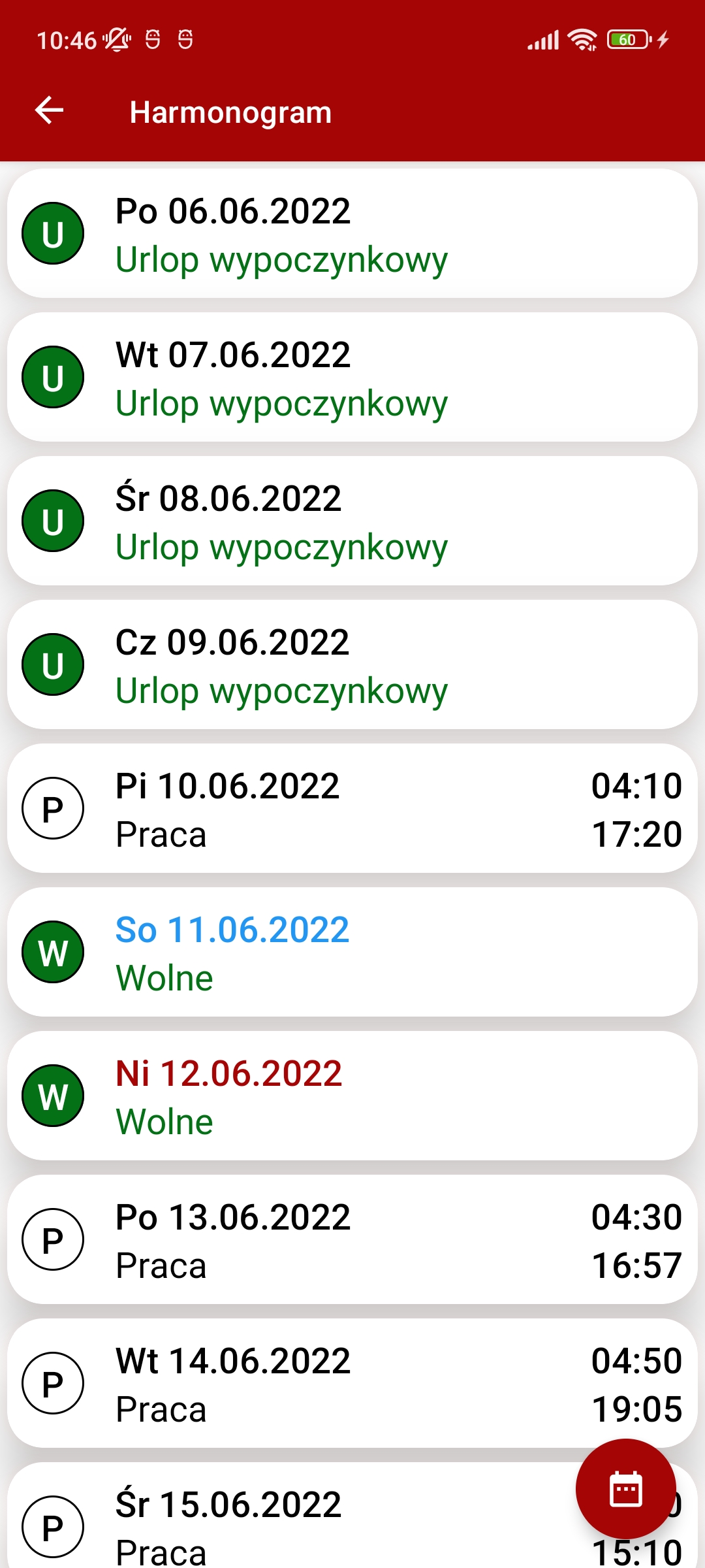 Harmonogram pracy kierowcy android - widok kalendarz Harmonogram pracy kierowcy android - wybór zakresu dat