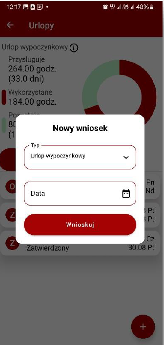 Harmonogram pracy kierowcy android - wybór zakresu dat
